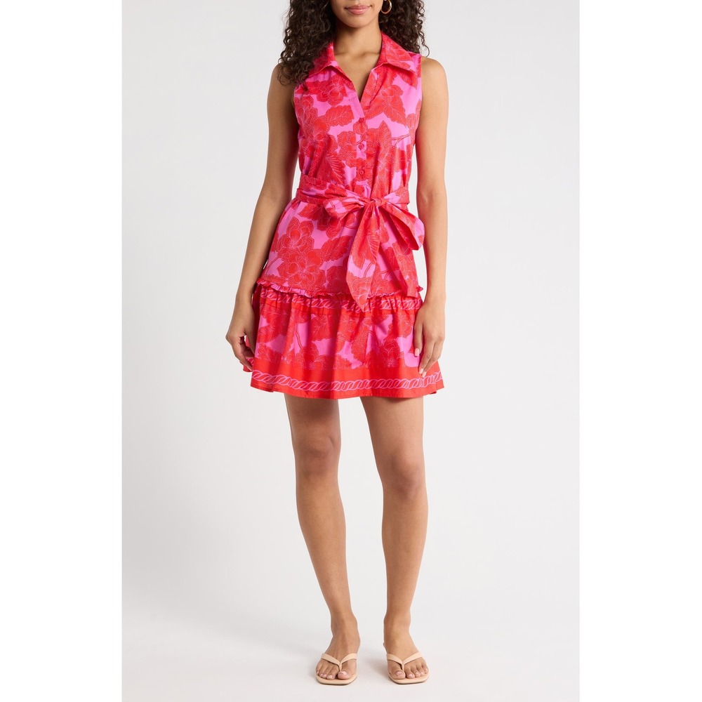 Sugarlips Rency Floral Zady Belted Cotton Sleeveless Dress Size L Fusia Red NWOT